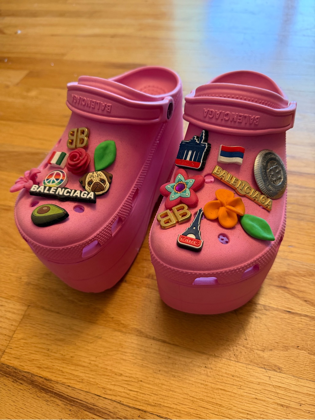 Balenciaga Pink Platform Clogs With Decorative Charms